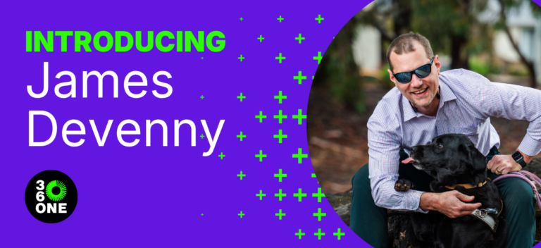 James Devenny sitting on a log with his guide dog. He is smiling and there is nature in the background. The photo is inset on a purple banner with the words 'Introducing James Devenny'