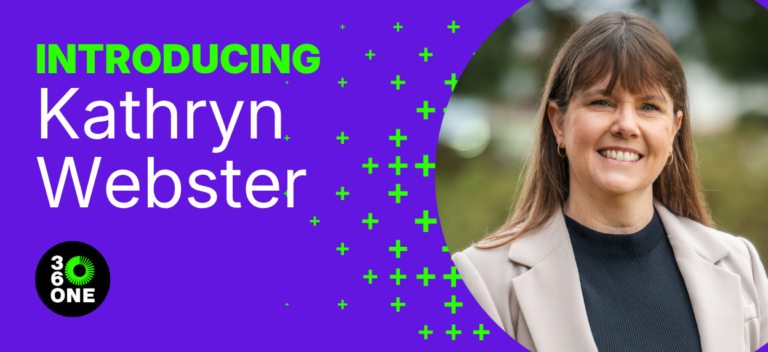 Image of Kathryn Website wearing a tan suit jacket with long hair. She is smiling and set in a blurred nature background. This is inset in a purple banner with the words Introducing Katheyn Webster