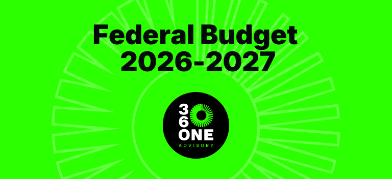 Lime green banner with the words federal budget 2026-2027 and the 360 one emblem logo