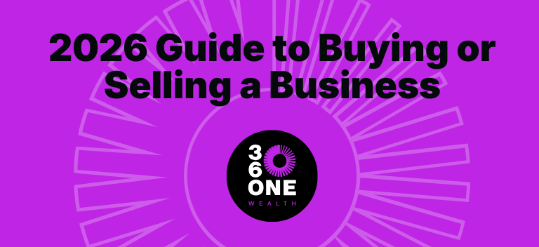 Branded banner with mauve background and black text reading the 2026 guide to buying or selling a business.