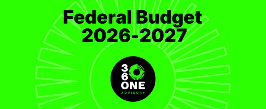Lime green banner with the words federal budget 2026-2027 and the 360 one emblem logo
