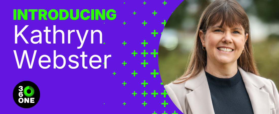 Image of Kathryn Website wearing a tan suit jacket with long hair. She is smiling and set in a blurred nature background. This is inset in a purple banner with the words Introducing Katheyn Webster