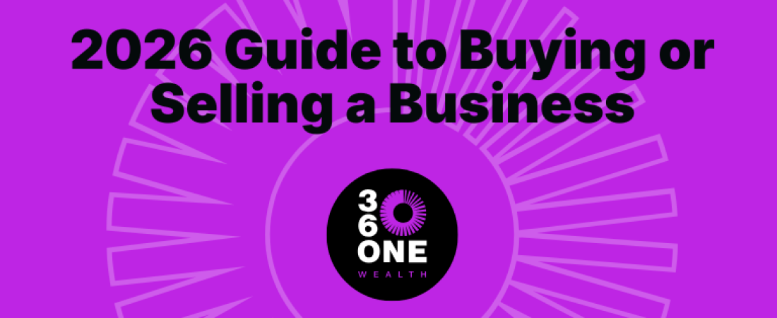 Branded banner with mauve background and black text reading the 2026 guide to buying or selling a business.